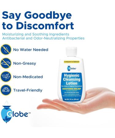 Globe (3 Pack Hygienic Cleansing Lotion for Men and Women -Discomfort, Pain & Itch Relief for Sensitive Areas, Cooling, Non-Irritating Gentle Personal Care Cleanser, Convenient for Travel, 3oz Bottle - Buy Online on GoSupps.com