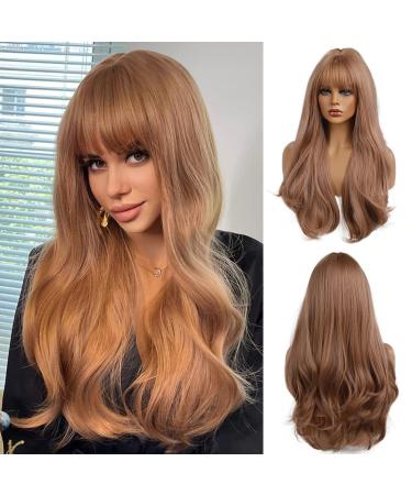 Esmee 24 Inches Strawberry Blonde Long Wavy Wig with Bangs for Women Natural Synthetic Hair Heat Resistant Wigs for Daily Party Cosplay Wear