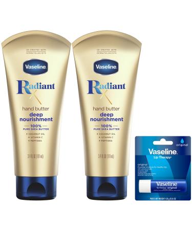 Vaseline Lotion Radiant X Deep Nourishment Hand Butter 2-Pack for Dry Skin + Original Vaseline Lip Therapy Stick for Dry Lips with Petroleum Jelly (3 Piece Set)