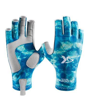KOOFIN GEAR Fishing Gloves Sun Protection Fingerless Gloves UPF50 Men Women for Outdoor Kayaking Hiking Paddling Driving Canoeing Rowing Blue Camo Small/Medium