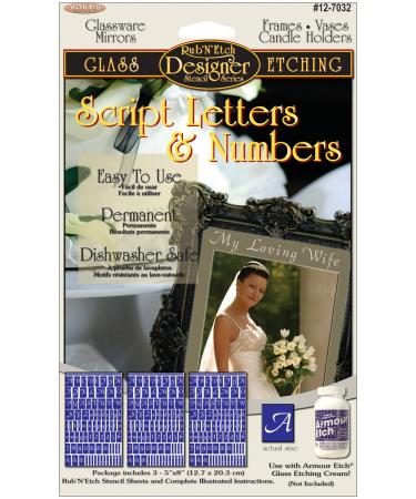 Armour Products Rub n' Etch Glass Etching Stencils 5 inch x 8 inch 3 Pack Script Letters and Numbers 12-7032