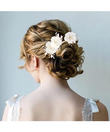 2 Pcs Flower Hair Clips - White Bridal Hair Pins with Metal Rose Gold Leaf - Elegant Hair Comb for Summer Beach Wedding and Special Occasions - Buy Online on GoSupps.com
