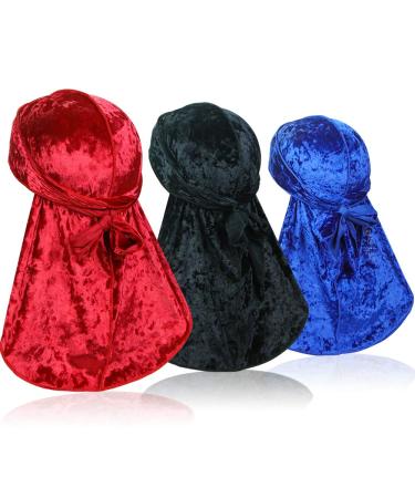 ASHILISIA 3 Pieces Crushed Velvet Wave Durag   Silky Durag Headwraps with Extra Long Tail Perfect for 360 Waves