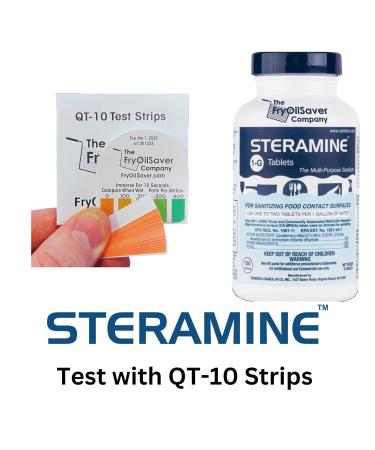 Steramine Quaternary Sanitizing Tablets (4 Pack) - Food Contact Surface Sanitizer | FryOilSaver Co Kit with 1 Test Kit of 15 QT-10 Test Strips - Buy Online on GoSupps.com