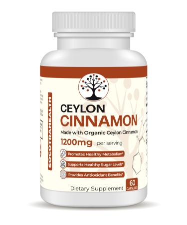 Socotra Health Ceylon Cinnamon - Certified Organic - Non-GMO - Gluten Free - Supports Healthy Metabolism - Antioxidant Benefits - Natural Energy Supplement - 60 Vegan Capsules