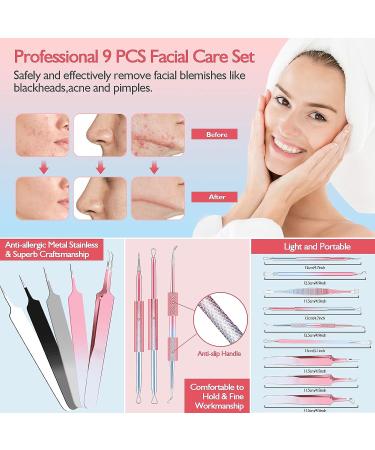 Kresecioo 9 PCS Blackhead Remover Tools Kit for Nose & Face - Professional Acne Extractor Set with Leather Bag (Pink) - Buy Online on GoSupps.com