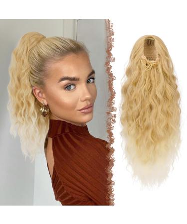 Feshfen ponytail hair part with cord strain long waves braid extension hair extensions synthetics wavy hair extension clip in ponytail for women 45 cm light blonde