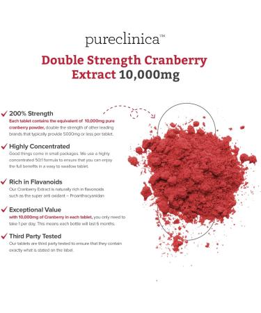 pureclinica Double Strength Cranberry Extract 10 000mg x 180 Ultra Concentrated Tablets - 6 Months Supply 180 Count (Pack of 1) - Buy Online on GoSupps.com