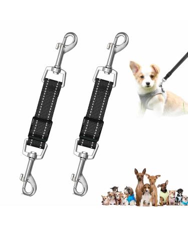 2 Pcs Dog Collar Clips Adjustable Double Clip Lead for Dogs Reflective Pet Collar Connector Nylon Double Ended Lead for Dogs Extension Retractable Leash Strap for Pets Cats Dog Puppy (Black)