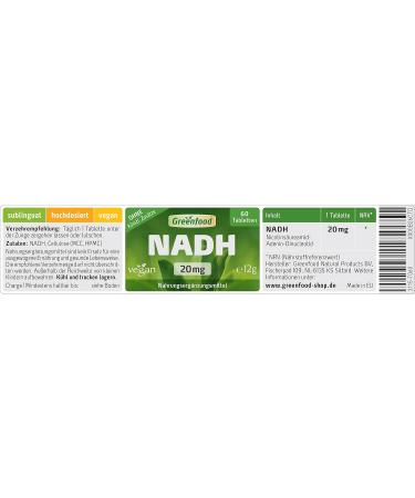 Greenfood NADH 20 mg - High Dose Vegan Sublingual Tablets (60) - No Artificial Additives - Buy Online on GoSupps.com