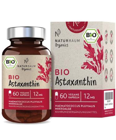 Bio Astaxanthin 12 mg i vegan i 60 capsules in glass I Natural antioxidant from haematococcus pluvialis microalge i optimized bioavailability with olive oil i depot capsules i high doses without additives