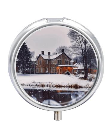 Round Pill Box Winter Farmhouse Print 3 Compartment Medicine Pill Case Print Pill Organizer Decorative Metal Portable Pill Box Pocket Pill Box Style-27