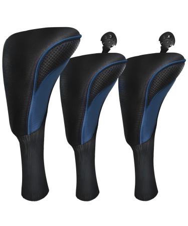 Golf Club Head Covers for Fairway Woods Driver Hybrids 3 Pieces Long Neck Mesh Sports Fan Golf Club Headcovers Set with Interchangeable No. Tags 3 4 5 6 7 X Golf Accessories for Men Women Black Blue