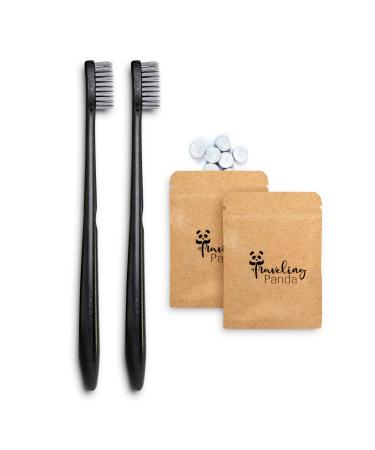 Traveling Panda Wheat Straw Toothbrushes  Charcoal Infused Soft Bristles Whitening  Travel Toothbrush Kit  Includes Brushes and Charcoal Toothpaste Tablets  2 Large Brushes  20 Tabs Charcoal 20 Tabs