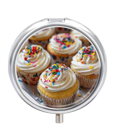 Round Pill Box with White Icing Print 3 Compartment Medicine Pill Case Print Pill Organizer Decorative Metal Portable Pill Box Pocket Pill Box Style