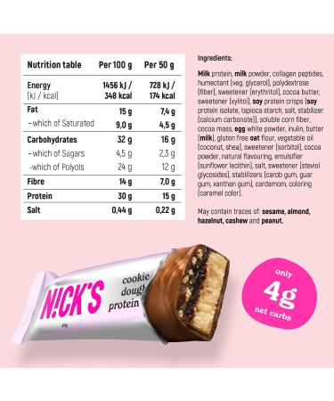 NICKS Keto Protein Bars Cookie Dough 12x50g Multipack - 15g Protein, 174 Calories, Low Carb, No Added Sugar, Gluten Free - Chocolate Snacks - 12 Count Pack - Buy Online on GoSupps.com