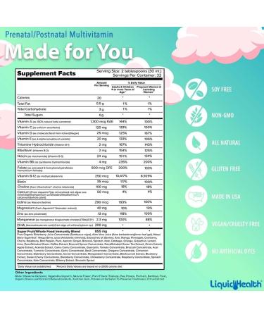 LIQUIDHEALTH Prenatal/Postnatal Multiple Liquid Women's Multivitamin with Real Folate - Pre & Postnatal Vitamins for Before During After Pregnancy - Made in USA Vegan Sugar-Free Non-GMO (32 oz) 32 Fl Oz (Pack of 1) - Buy Online on GoSupps.com