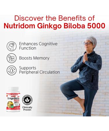 Nutridom Ginkgo Biloba Supplement 5 000mg 120 Count 50:1 Extract Ginkgo Leaf Supplement for Memory Brain Cognitive Function & Peripheral Circulation Support Non-GMO Vegan Gluten free Soy free and Dairy free - Buy Online on GoSupps.com