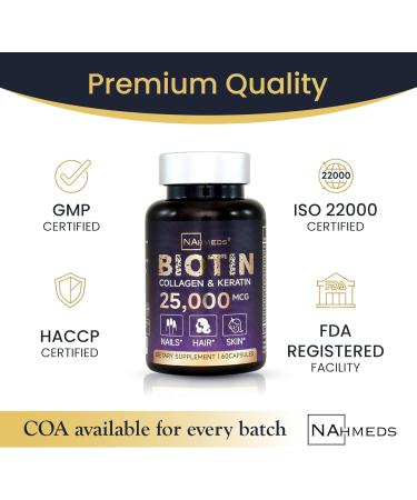 NAhmeds Biotin + Beauty Blend 25 000 mcg Complex with Collagen Keratin MSM Hair Skin & Nail Support Gluten-Free GMP ISO 22000 HACCP Certified COA Available 60 Capsules - Buy Online on GoSupps.com