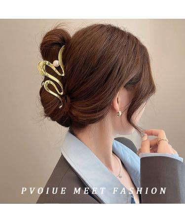 Gold Metallic Ribbon Pearl Hair Claw | Large Size, Strong Hold, Stylish Accessory for Women | 1Pc | Ideal for Thick & Thin Hair - Buy Online on GoSupps.com