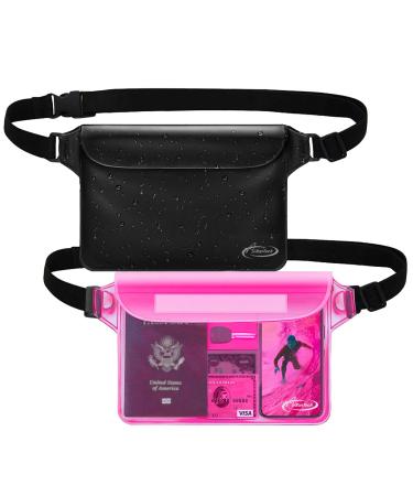 AiRunTech Waterproof Pouch with Waist Strap (2 Pack) | Beach Accessories Best Way to Keep Your Phone and Valuables Safe and Dry | Perfect for Boating Swimming Snorkeling Kayaking Beach Pool Water Park Black + Pink