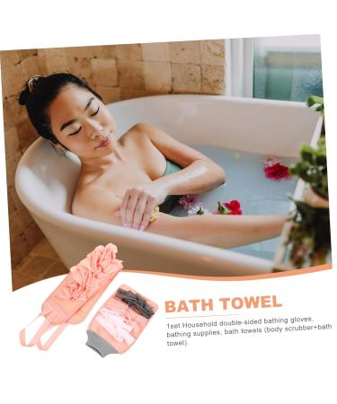 Hemoton 1 Set Bath Towel & Loofah Mitts - Pink Fiber Scrub Gloves & Body Puff - International Shipping Available - Buy Online on GoSupps.com