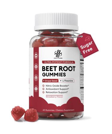 Beet Root Gummies Blood Pressure Support & Mood Support Super Nitric Oxide Beets Supplement with Grape Seed L-Theanine & Vitamin C Sugar-Free Vegan 30:1 Beet Root Extract 60 Strawberry Chews Strawberry 60 Count (Pack