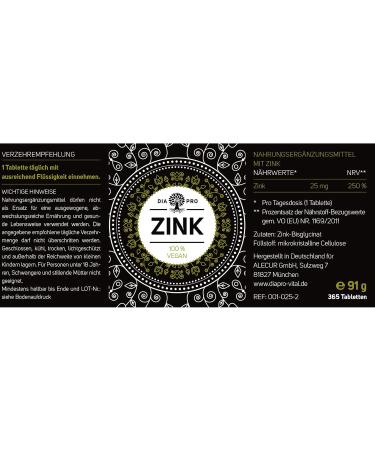 DiaPro High-Dose Zinc Tablets 25mg - 365 Vegan Zinc Bisglycinate - Lab Tested Annual Supply - Buy Online on GoSupps.com