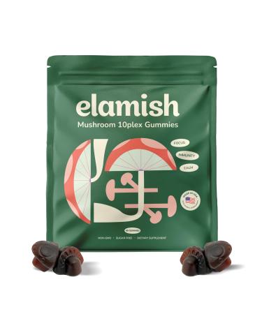 Elamish Mushroom Gummies Focus Immunity & Calm Functional Mushrooms 10 Plex Blend Sugar Free Non GMO Natural Strawberry Flavor Made in USA 60 Count