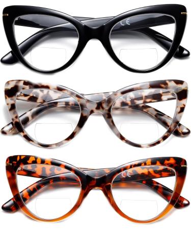 3 Pack Bifocal Cat Eye Reading Glasses for Women | Oversized Blue Light Blocking | Black Tea Tortoiseshell & Grey Tea Tortoiseshell - Buy Online on GoSupps.com