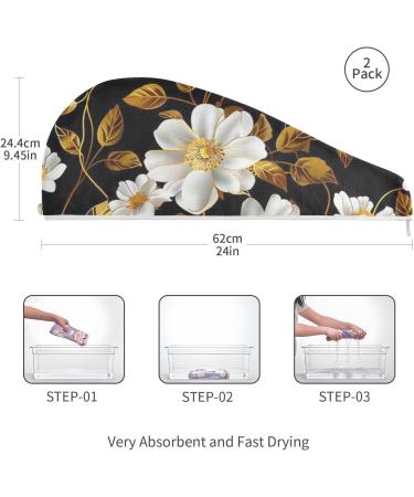White Flowers Gold Leaf Hair Towel 2 Pack | Super Absorbent Quick Dry Turbans for Women & Girls - Buy Online on GoSupps.com