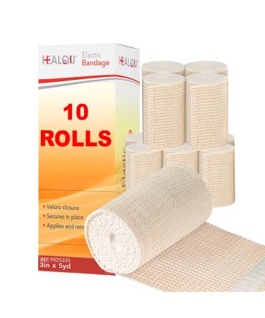 HEALQU Premium Elastic Bandage - Self-Closure Compression Wrap for Legs Knees Ankles Wrists Elbows Shoulders - 3 Inch by 5 Yards Box of 10 Rolls Athletic Stretchable Bandage Wrap 3" - Box of 10