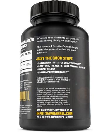 L-Carnitine Capsules 1000mg - Pure Natural Extra Strength Supplement for Energy, Performance & Metabolism - 120 Pills by Raw Barrel - Buy Online on GoSupps.com