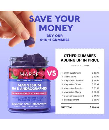 MAREE Magnesium Gummies for Calm & Relaxation | Vitamin D3 K2 B6 Complex | Immune Support | 60 Raspberry Gummy Gems - Buy Online on GoSupps.com