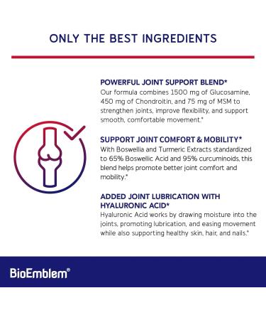 BioEmblem Joint Support - Glucosamine Chondroitin + MSM 1500 MG - with Boswellia Turmeric & Hyaluronic Acid - Joint Health Supplement Mobility Flexibility Cartilage - Non-GMO - 90 Caps - Buy Online on GoSupps.com