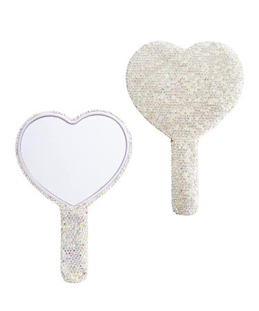 Wowagoga Sparkling Rhinestone Heart Shaped Handheld Mirror Heart Mirror Cosmetic Hand Mirror with Handle Cute Hand Mirror for Women Girls(White)