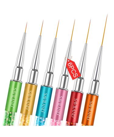 Saviland Nail Art Liner Brushes 6Pcs Nail Gel Polish Painting Nail Design Brush Pen Set with Crushed Diamond Rhinestones Handle for Pulling Lines Nail Art Design Sizes 7/9/11/13/15/21mm NO.1 Nail Art Brushes