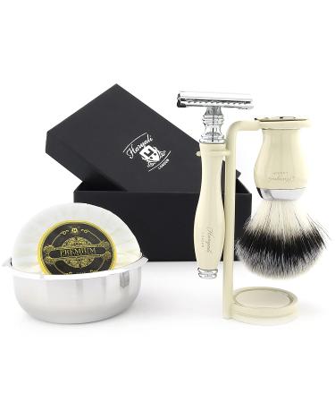 Haryali London Shaving Kit 5 Pc Shaving Kit Double Edge Safety Razor - Synthetic Hair Shaving Brush Shaving Soap Shaving Bowl Shaving Stand Ivory Color Shaving Set as Gift