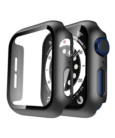 TAURI 2 Pack Hard Case Designed for Apple Watch SE/Series 6/5/4 44mm with 9H Tempered Glass Screen Protector, Touch Sensitive Full Coverage Slim Bumper Protective Cover for iWatch 44mm, Black 44mm Black