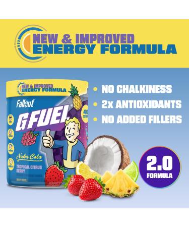 G Fuel Nuka Cola 2.0 Energy Powder Sugar Free Clean Caffeine Focus Supplement Water Mix Tropical Citrus Berry Flavor Focus Amino Vitamin + Antioxidants Blend - 9.6 oz (40 Servings) - Buy Online on GoSupps.com