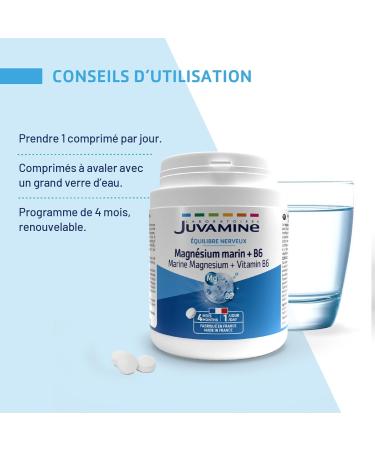 JUVAMINE - Marine Magnesium 300mg + Vitamin B6 - Fatigue - Stress - Nervous Balance - Well-being - Nervous System - 4 Month Format - 120 Tablets - Made in France - Buy Online on GoSupps.com