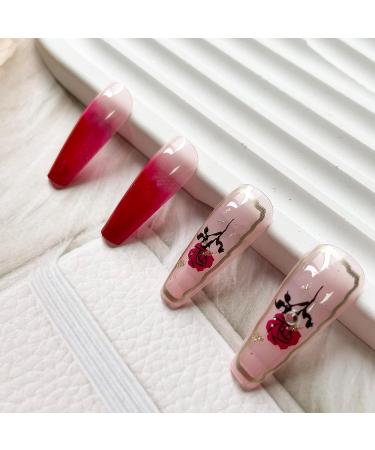 Long Coffin Red Press on Nails with Rhinestone Rose Design - Full Cover Stick on False Nails for Women - Cute Flower Artificial Nails for Valentines Day Manicure - Buy Online on GoSupps.com