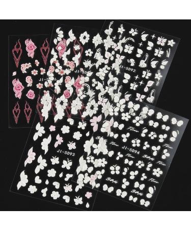 5D Embossed White Flowers Nail Stickers - Self-Adhesive Floral Decals for Spring Nail Art 3D Acrylic Manicure Decor & Rose Butterfly Designs | International Shipping - Buy Online on GoSupps.com