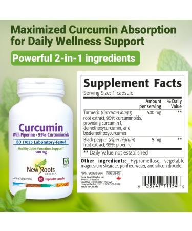 NEW ROOTS HERBAL Turmeric Curcumin Supplement 500mg with Black Pepper Extract - 20x Better Absorption | Coumarin Capsules with 95% Curcuminoids & 95% Piperine (90 Veg Capsules) Unflavored - Buy Online on GoSupps.com