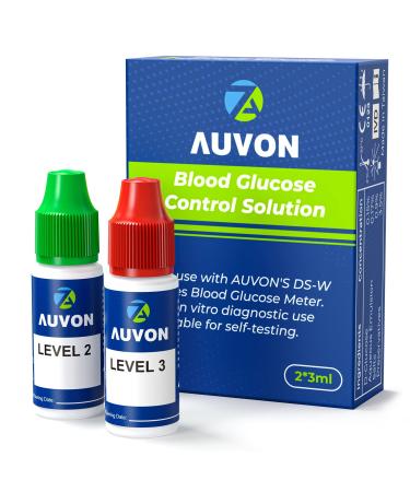 AUVON Blood Control Solution for Glucose Monitor Kit and Test Strips, 2 Pack Level 2 & Level 3 Accurate Diabetes Control Solution for Accuracy Checking (3 ml per Bottle)