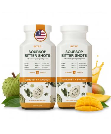 bitte Immune + Energy Soursop Shots 2 Pack Ready to Drink Mango Soursop with Zinc Ginseng Guarana & Turmeric Clean Formula No Sugar Vegan Gluten-Free Non-GMO 32 fl oz Total 16 Fl Oz (Pack of 2)