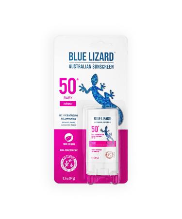 BLUE LIZARD Mineral Sunscreen Stick with Zinc Oxide SPF 50+ Water Resistant UVAUVB Protection Easy to Apply Fragrance Free.5 oz, Baby, Unscented, 0.5 Ounce