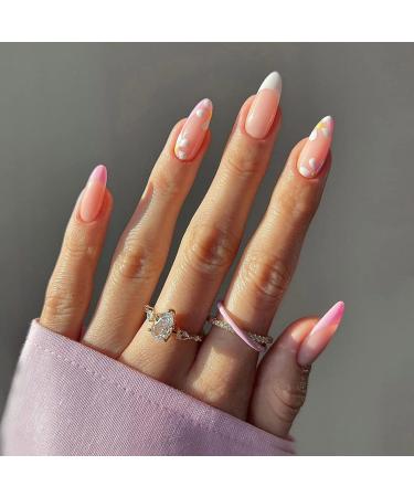 Almond Fake Nails Short 24Pcs White French False Nails with Flower Designs Nude Press on Nails Oval French Tip Falses Nail with Nail Glue Stick on Nails for Women Girls Nails Art pink 29 Piece Set