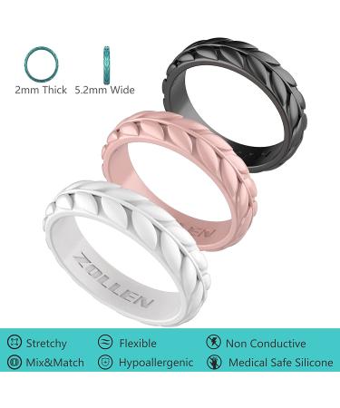 Zollen Olive Leaves Silicone Wedding Rings for Women - Stackable Rubber Bands in Rose Gold, Pearl White, Black, and Marble - Hypoallergenic Silicone - Size 6 (16.5mm) - Buy Online on GoSupps.com