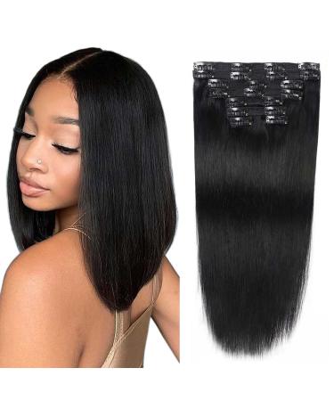 Straight Human Hair Clip in Hair Extensions for Black Women 100% Unprocessed Full Head Brazilian Virgin Hair Extensions Natural Black Clip in Human Hair Extensions 8Pcs 120g (14inch  Straight hair) 14 Inch Straight natur...